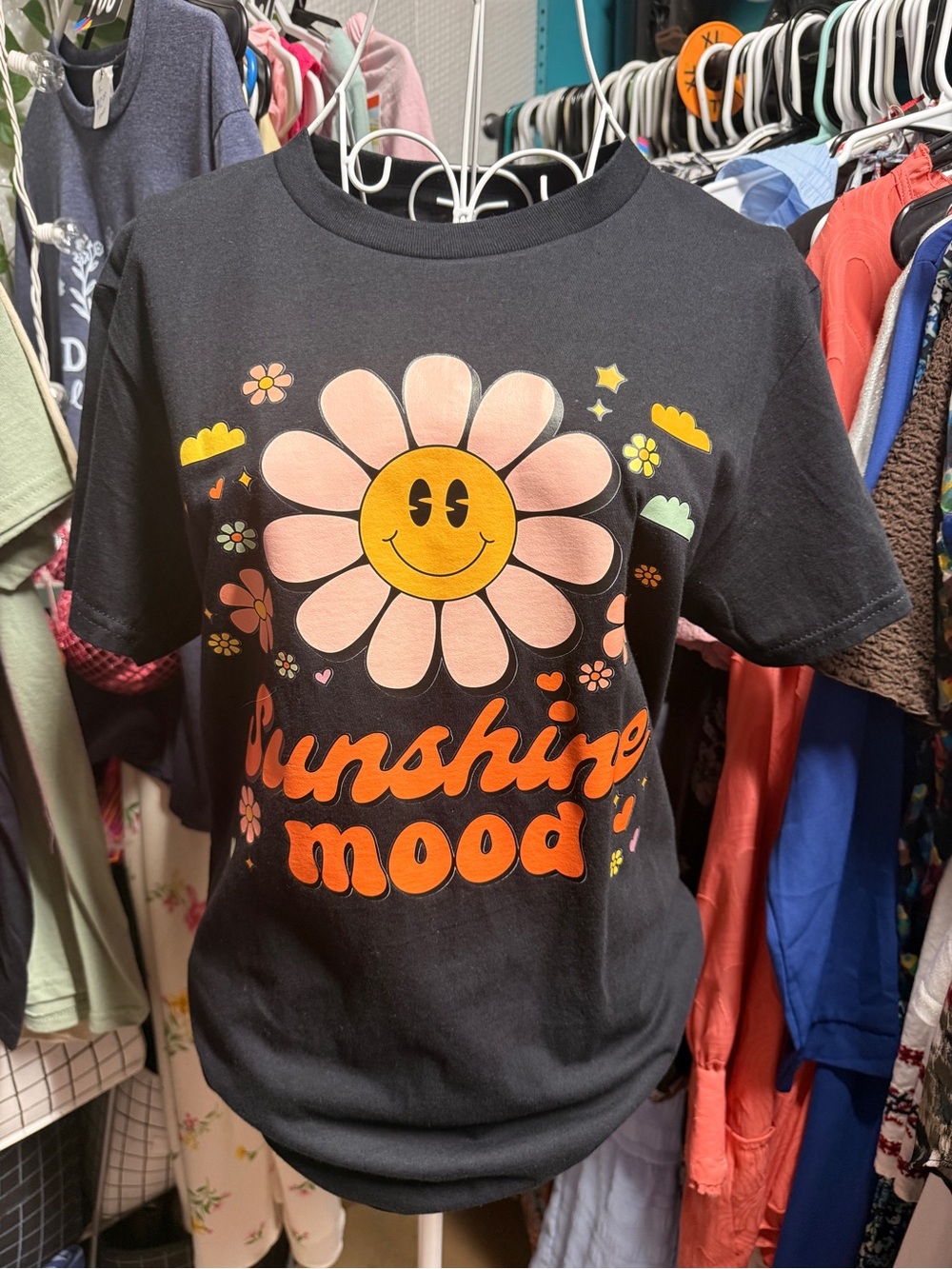 Gildan Black Tee with Pink Petal Smiley Flower and Orange Script